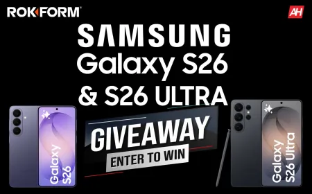 The Samsung Galaxy S26 smartphone is displayed alongside promotional sweepstakes materials.