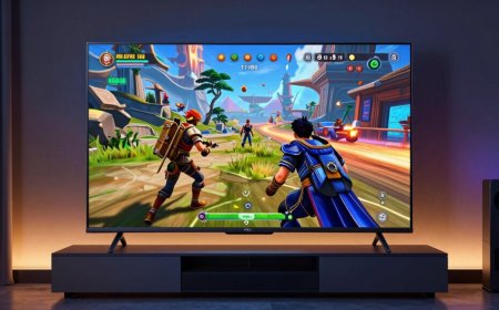 A gaming television is integrated into a contemporary living room entertainment setup.