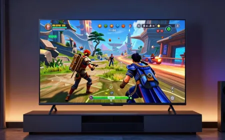 A gaming television is integrated into a contemporary living room entertainment setup.