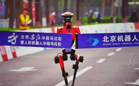 Honor's Flash humanoid robot running a half marathon in Beijing, finishing in fifty minutes and twenty-six seconds.