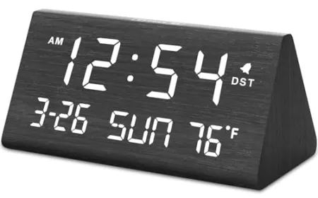 A smart display on a nightstand shows time, weather, and home automation controls.