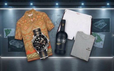 This display features a curated collection of vintage James Bond merchandise and collectible items.