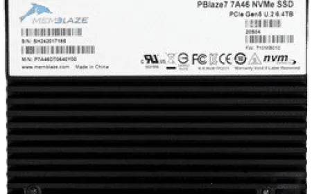 A physical Memblaze PBlaze7 7A46 6.4 terabyte enterprise SSD displays its label and connector interface.