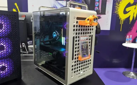 Gaming audio equipment and peripherals are displayed at a technology exhibition highlighting current hardware pricing trends.