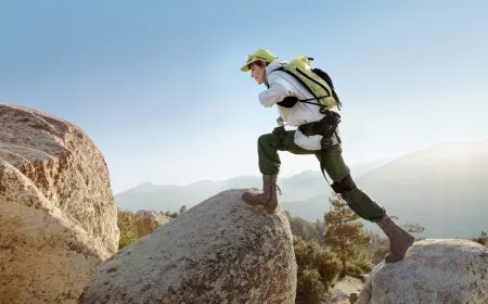 A person wears the Hypershell X Ultra S exoskeleton to demonstrate the AI motion control features.