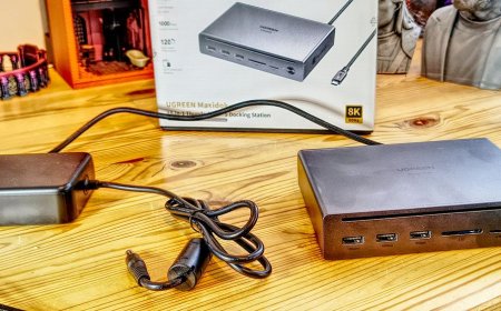 Front view of the UGREEN Maxidok 10-in-1 Thunderbolt 5 dock showing its compact aluminum chassis and port layout.