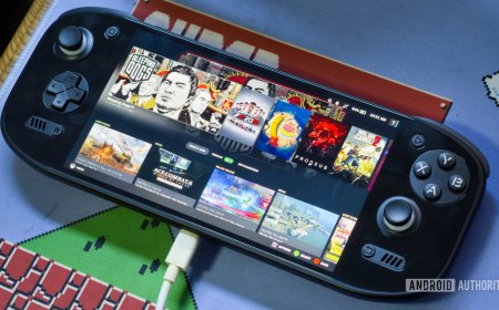 An Android handheld gaming device displays the Steam Big Picture interface with a game library and controller layout.