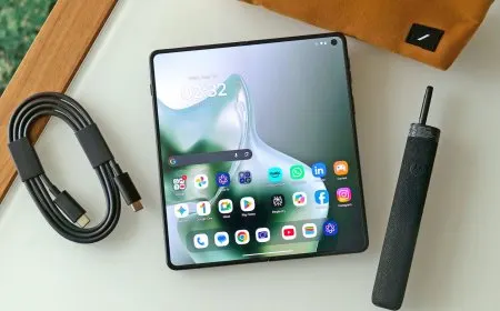 Motorola Razr Fold book-style foldable smartphone shown open and closed to highlight its dual-screen design.