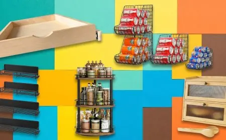 A small kitchen storage solution organizing items on a countertop.