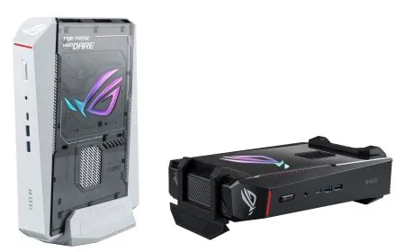The ASUS ROG NUC 16 compact gaming desktop features an Intel Core Ultra processor, RTX 5080 GPU, and a removable stand.