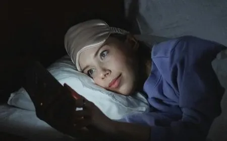 Young adults using smartphones in bed at night, illustrating the link between screen time and sleep disruption.