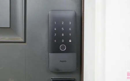The Aqara U400 smart lock is installed on a residential door and features a digital keypad with wireless connectivity.