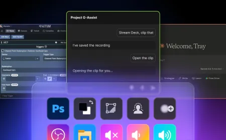 The Corsair Elgato Stream Deck hardware displays an AI agentic workflow integration interface.