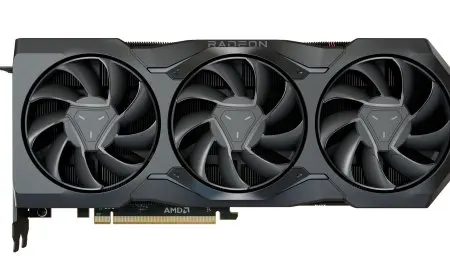 AMD Radeon RX 7900 XTX graphics card with chiplet-based architecture and triple-fan cooler.