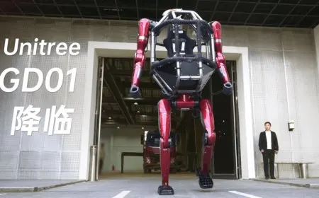 The Unitree GD01 rideable mech is displayed at a robotics industry event.