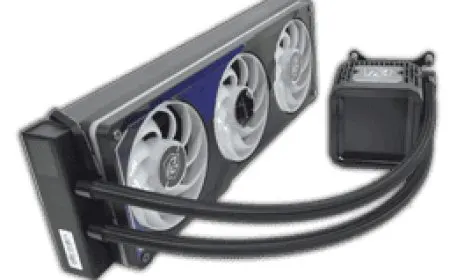 The ASRock Phantom Gaming 360 LCD AIO cooler pump block displays a customizable screen.