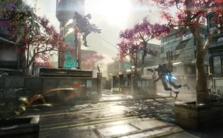 Gameplay footage of Empulse featuring grappling hooks, wall running, boost pads, and giant mech combat.
