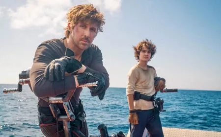 Ryan Gosling and Flynn Gray appear in a promotional still for the upcoming Star Wars: Starfighter film.