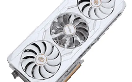 ASRock Radeon RX 9070 XT Taichi White OC graphics card features a white cooling shroud, white PCB, and two-inch display.