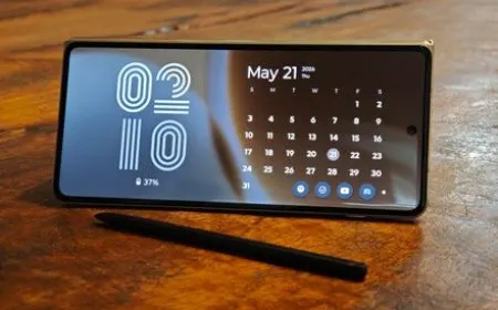 The Motorola Razr Fold smartphone rests beside the Moto Pen Ultra stylus on a desk.
