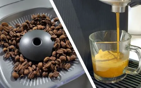 Fresh coffee beans rest beside a modern automatic espresso machine.