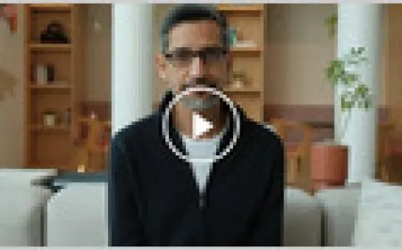 Google CEO Sundar Pichai seated for a podcast interview discussing artificial intelligence and search technology.