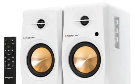 A compact desktop speaker showing its driver configuration and acoustic enclosure design.
