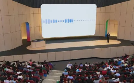 A presentation slide displays the new AI voice interface for Gmail, Google Keep, and Docs at Google I/O 2026.