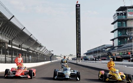 IndyCar drivers lined up on the starting grid for the 2026 Indianapolis 500