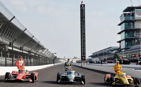 IndyCar drivers lined up on the starting grid for the 2026 Indianapolis 500