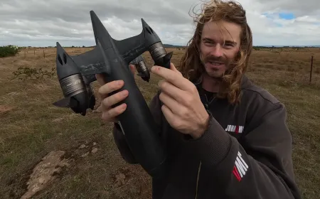 A custom drone equipped with sawtooth carbon fiber propellers flies during a high speed record attempt.