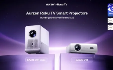 The Aurzen Roku TV projector displays a movie scene in a modern living room.