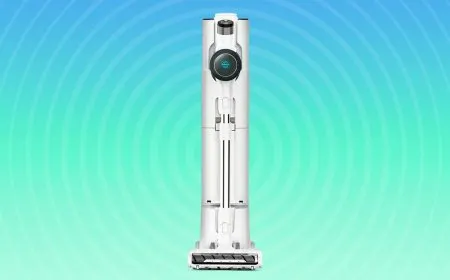 A self-emptying stick vacuum features an automated dust disposal base.