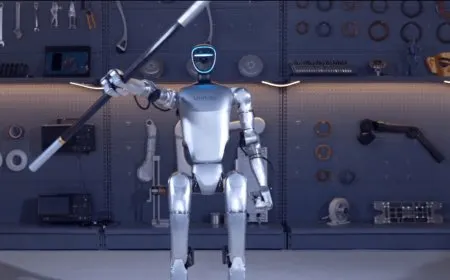 A humanoid robot prototype demonstrates high-speed dynamic mobility and advanced control systems.