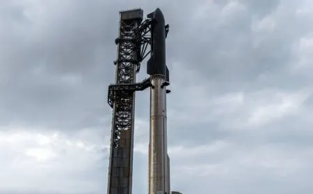 SpaceX Starship rocket stands on the launchpad during preflight preparations.