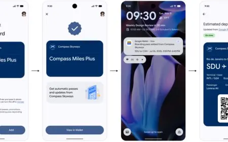 The Google Wallet interface displays automatic boarding pass and baggage tag linking alongside airline loyalty enrollment.