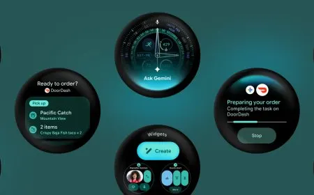 The display shows the Wear OS 7 interface with Gemini AI integration and dynamic widget settings.