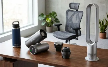 A portable personal cooling fan provides targeted airflow on a desk in a warm workspace.