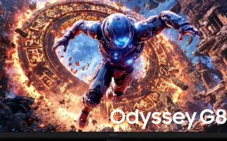 The Samsung Odyssey G80HS 32-inch 6K gaming monitor is displayed on a desk.