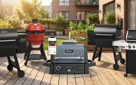 A smartphone displays real-time grill temperature data while a host manages cooking outdoors.