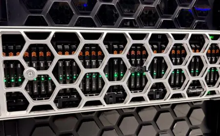 The Dell PowerStore Gen 3 3U chassis displays E3.S NVMe drive bays alongside 200GbE RDMA network ports.