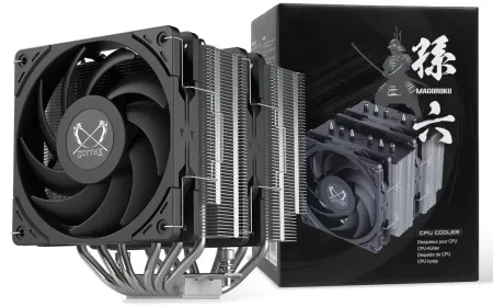 Scythe Magoroku dual fin-stack air cooler with nickel-plated copper base and six heatpipes.