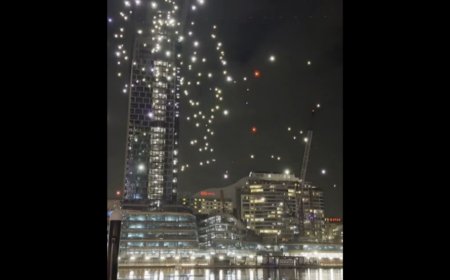 Aerial drone units hovered over Sydney Harbor during the Vivid festival before technical failures forced cancellation.