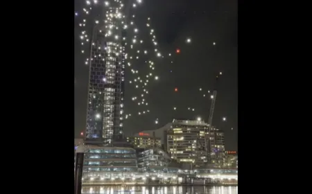 Aerial drone units hovered over Sydney Harbor during the Vivid festival before technical failures forced cancellation.