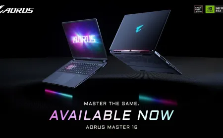 The Gigabyte AORUS MASTER 16 2026 laptop displays its ultra-thin chassis and cooling system.