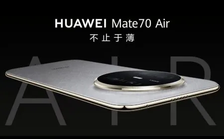 The Huawei Mate 70 Air smartphone is displayed to highlight its slim chassis and domestic processor.