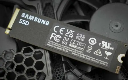 This photograph shows the Samsung 9100 Pro 1TB PCIe 5.0 NVMe solid state drive alongside its technical specifications.