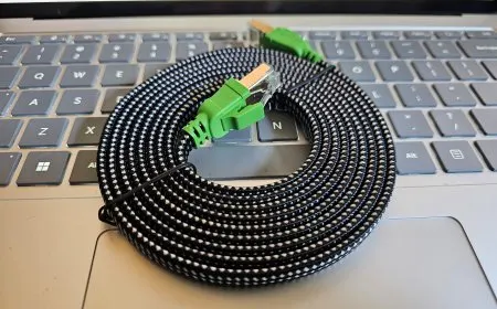 Modern Category 8 Ethernet cables replace outdated wiring in a residential network panel.