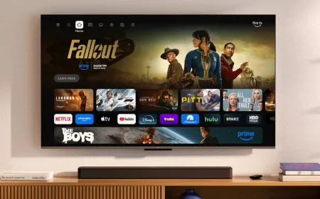 Amazon Fire TV startup screen displaying a full-screen ad prompting users to download the mobile companion app.