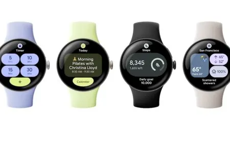 Developer slide illustrating the Wear OS Tiles to Wear Widgets transition with improved battery efficiency and updated lay...